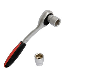 Preset torque wrench ratchet with cap heads. Handle covered in red and black. Work tool with reversible ratchets for screw and nut tighten. Isolated on a white background. copy space for text