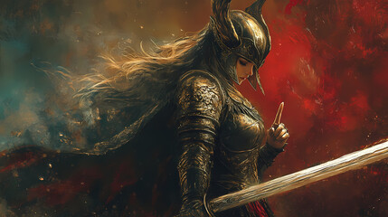 Using a finger gesture, a beautiful valkyrie in plate armor with long saber and horned helmet orders nature to fight on her side. Valkyrie. Illustration