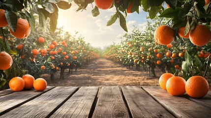 5. An inviting scene featuring an empty wooden table in front of a vibrant orange orchard, with the soft glow of sunlight enhancing the natural beauty, perfect for product showcase