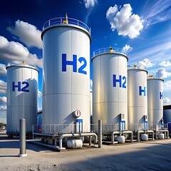 Industrial Hydrogen Storage Tanks Under a Clear Blue Sky