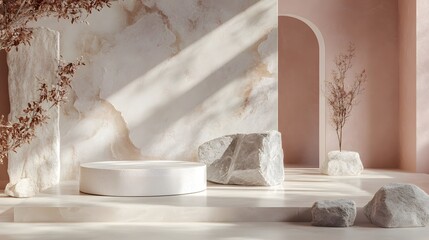 1. A minimalist 3D rendering featuring pastel geometric stone and rock shapes, creating an elegant backdrop for a podium display, with soft colors and gentle shadows enhancing the serene atmosphere