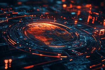 Abstract digital world with a glowing orb in the center surrounded by a ring of data and lines.