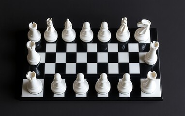 A chessboard with white pieces arranged, ready for a game.