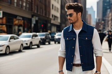 Casual Male Urban Street Style in Classic Jean Vest for Effortless Fashion