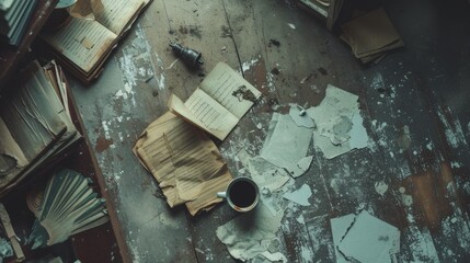 A disordered scene of a room with scattered books, torn papers, and a coffee cup on an aged wooden floor. The image presents a story of abandonment or neglect, with an air of quiet contemplation.