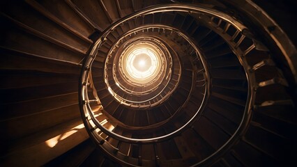Spiral Stairway Leading to a Bright Light Fixture at the Top in an Architectural Structure