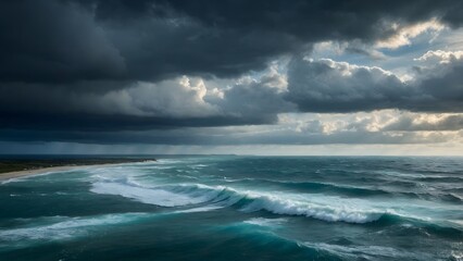 Obraz premium Dramatic Seascape With Turbulent Waves and Dark Clouds at Sunset on a Coastal Beach