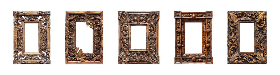 Rectangle carved ornate wooden frame isolated on a transparent or white background, cut-out, PNG