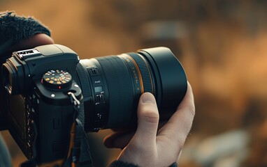 A person holding a camera, preparing to capture a photograph in a natural setting.