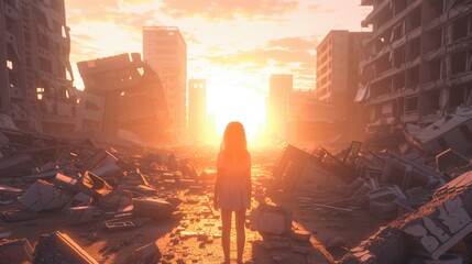Abandoned City Ruins, a girl explores the remnants of a destroyed urban landscape, vibrant morning light illuminating cartoon-style debris and forgotten structures.