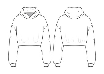 Hoodie technical fashion illustration. Hooded Sweatshirt fashion flat technical drawing template, cropped,  relaxed fit, front and back view, white, women, men, unisex CAD mockup. © amjad