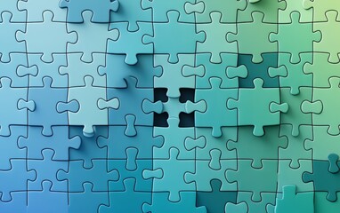 A close-up view of a jigsaw puzzle with missing pieces, showcasing various shades of blue and green.