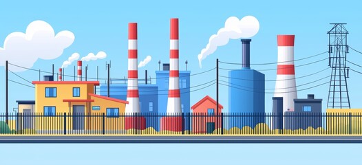 Obraz premium Industrial Landscape with Smokestacks and Blue Sky