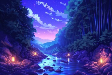 Serene Lantern-lit River, a tranquil night scene with a rocky river flowing through a bamboo forest, illuminated by soft lanterns, capturing the essence of a peaceful anime world