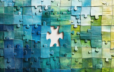 A colorful jigsaw puzzle with one missing piece, showcasing shades of blue and green, symbolizing completion and wholeness.