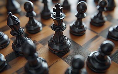 A close-up view of a chessboard with black pieces, highlighting the king amidst the other pieces.