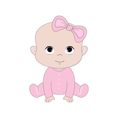 Cute baby girl in pink bodysuit and pink bow on her head.