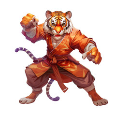 Fototapeta premium A tiger in orange martial arts clothing with a fierce expression, striking a pose.