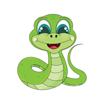 Cute cartoon green snake with big eyes on a white background. The symbol of the year.