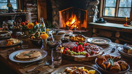 Fototapeta premium Cozy Thanksgiving Brunch in Rustic Canadian Cabin with Family and Delicious Breakfast Spread