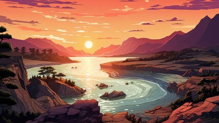 A Serene Mountain Landscape with a River Winding Through it at Sunset