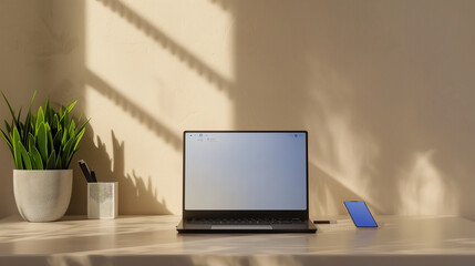 Obraz premium Modern minimalist workspace with laptop and office supplies in natural light