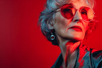 Obraz premium Confident senior woman with silver hair and red sunglasses poses creatively in bold red lighting