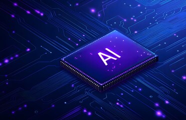 Abstract futuristic background with a chip and the text AI on a blue digital circuit board, an AI technology concept 