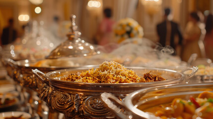 Traditional Indian buffet with a variety of steaming dishes served in a festive setting