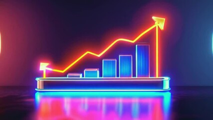 A neon graph depicting upward trends with bars and a line, symbolizing growth and progress.