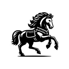 black and white logo of a running horse wearing a vest