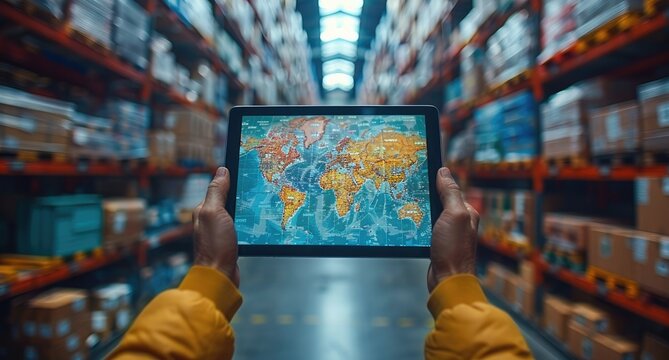 A person holding a digital tablet with an augmented reality overlay showing digital warehouse shelves and stock levels, indicating the power in a warehouse management system. - Powered by Adobe