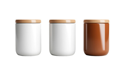 Minimalist Storage Jars, sleek containers with wooden lids, white and brown hues, modern kitchen essentials Isolated on Transparent background.