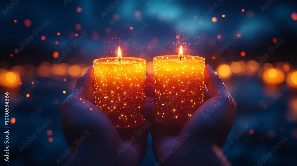 Wall mural Two candles in the hands, glowing brightly with a soft, warm light.  The background is blurred, and the candles are the focus of the image.