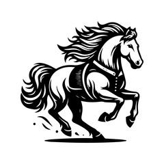 black and white logo of a running horse wearing a vest