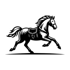 black and white logo of a running horse wearing a vest