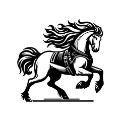 black and white logo of a running horse wearing a vest