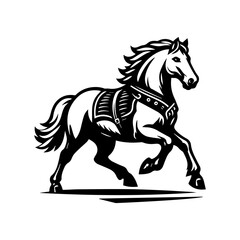 black and white logo of a running horse wearing a vest