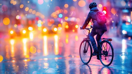 Urban Cyclist on Rainy City Street at Twilight