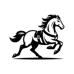 black and white logo of a running horse wearing a vest