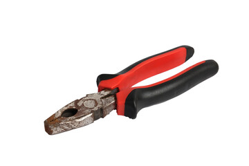 Obraz premium Used old red metal clamp pliers, rusty and dirty pliers with rubber handles black and red color. Isolated on white background.