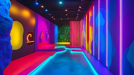 3. A mesmerizing display of neon lights with a fantastic spotlight focused on the ground, set against a backdrop of bold Peru colors, creating an intriguing and immersive showroom environment