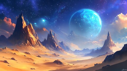1. An illustration of a rocky planet showcasing a vast desert landscape, featuring towering mountain ranges and sweeping sand dunes under a starry sky, evoking a sense of alien beauty