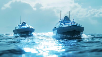 Naklejka premium Two high-speed futuristic boats are seen racing across open water, leaving trails of waves behind them. The sleek design and dynamic movement of the boats suggest innovation in marine technology and