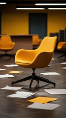 Deserted corporate office with scattered chairs and papers, muted colors, low lighting, Downsizing aftermath, empty workspace