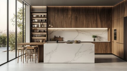 a sleek and inviting organic modern kitchen that blends different warm materials