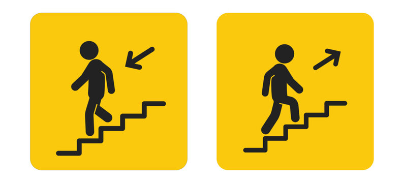 Bundle label sticker dirextion up and down stairs with arrow, isolated emergency exit building sign