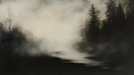 Obraz premium 2. A captivating landscape shrouded in enigmatic fog, obscuring the glossy obsidian ground beneath, evoking a sense of depth and allure in the darkness