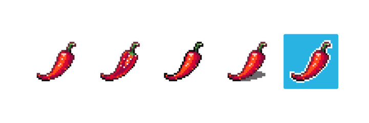 Fototapeta premium Pixel art Chili Pepper. 8bit Game Style Pixelated Spicy Red Pepper Vegetable. Detailed Pixel Hot Chili Pepper icon with shading and different stroke. 