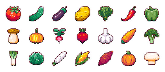 Set of Pixel Art Vegetables. Game assets, stickers or 8bit icons of tomato, cucumber, eggplant, potato, pepper, mushroom, onion, radish, garlic and other sweet and hot spicy retro pixelated vegetables